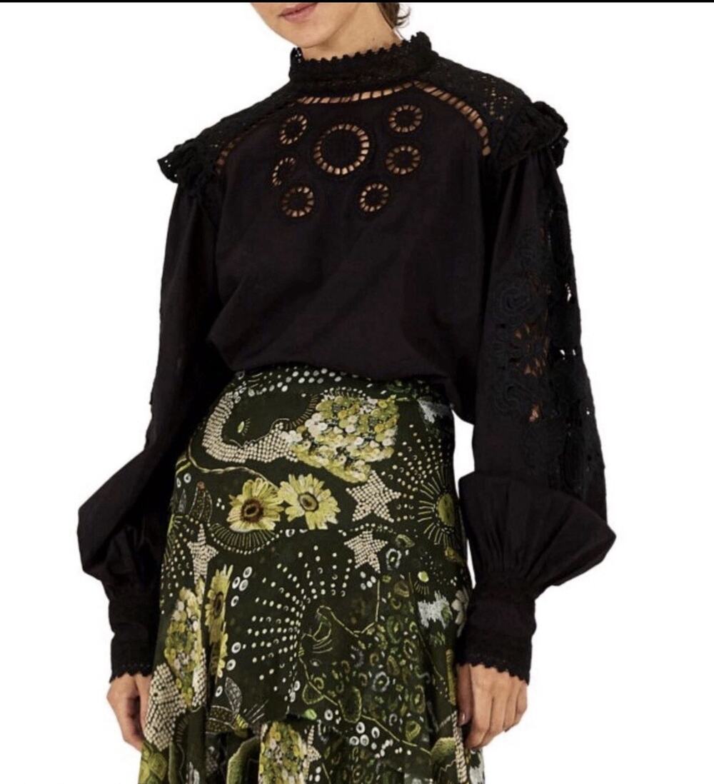 New! Farm Rio Anthropologie Black Linen Lace Long Sleeve Blouse Sz M #